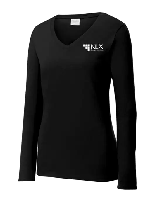 Womens V-Neck Ring Spun Jet Black 4.5 oz Long Sleeve T-Shirt w/KLX Logo