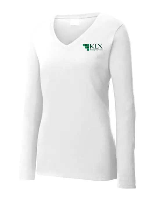 Womens  V-Neck Ring Spun White 4.5 oz Long Sleeve T-Shirt w/KLX Logo