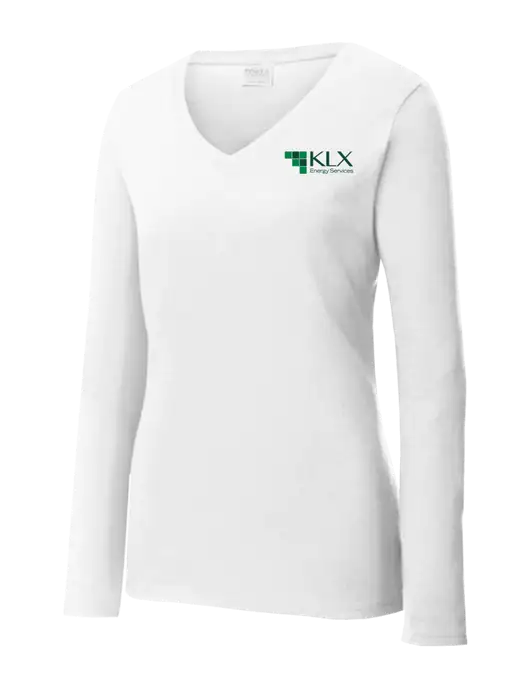 Womens  V-Neck Ring Spun White 4.5 oz Long Sleeve T-Shirt w/KLX Logo