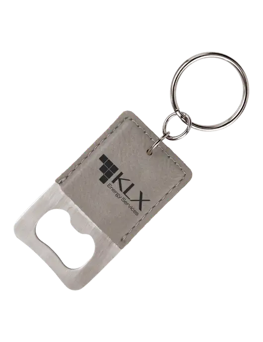 Grey Leatherette Rectangle Bottle Opener Keychain w/KLX Logo