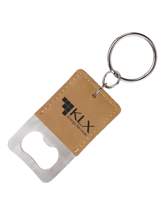 Tan Leatherette Rectangle Bottle Opener Keychain w/KLX Logo