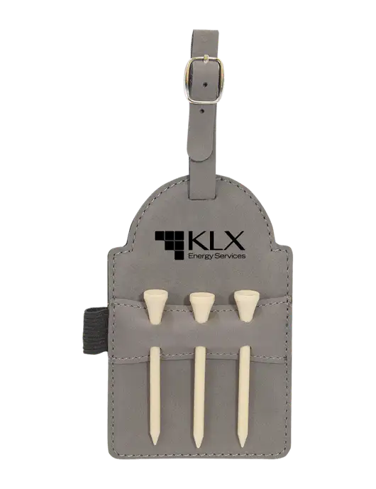 Grey Leatherette Golf Bag Tag with 3 Wooden Tees w/KLX Logo
