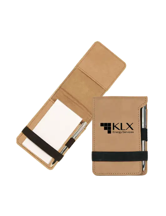 Tan Leatherette Mini Notepad with Pen,  3.25 x 4.75 w/KLX Logo