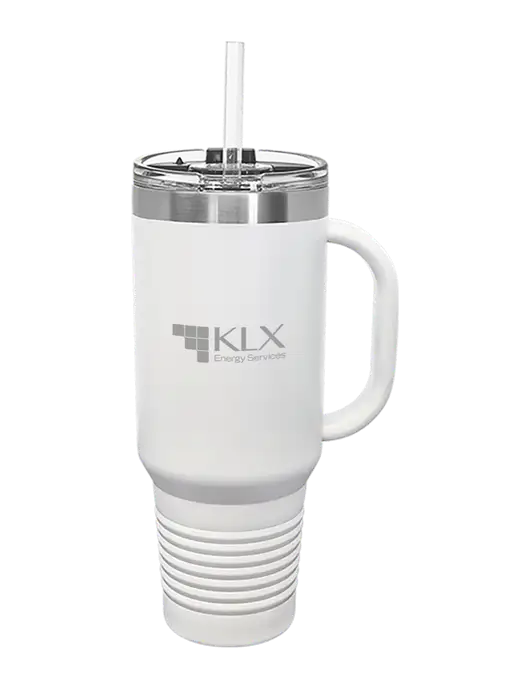 Polar Camel 40 oz. Powder Coated Vacuum Insulated White Travel Mug with Straw w/KLX Logo