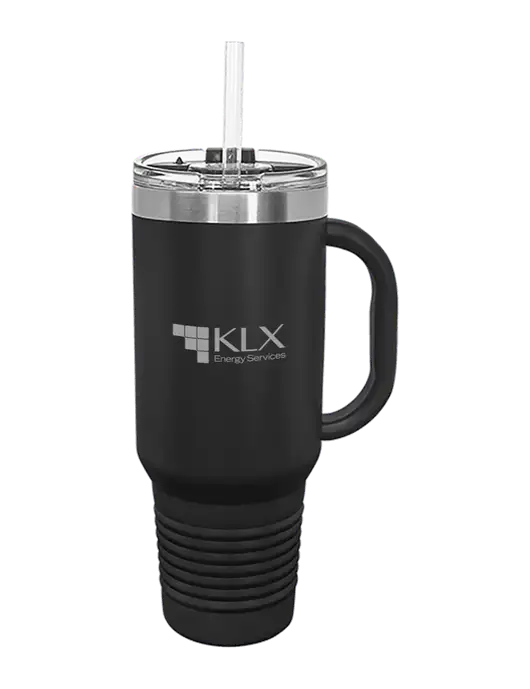 Polar Camel 40 oz. Powder Coated Vacuum Insulated Black Travel Mug with Straw w/KLX Logo