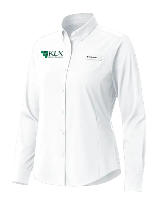 Columbia White Womens PFG Tamiami II Long Sleeve Shirt w/KLX Logo