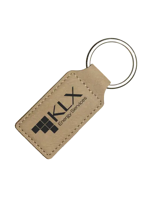 Tan Laserable Leatherette Rectangle Keychain w/KLX Logo