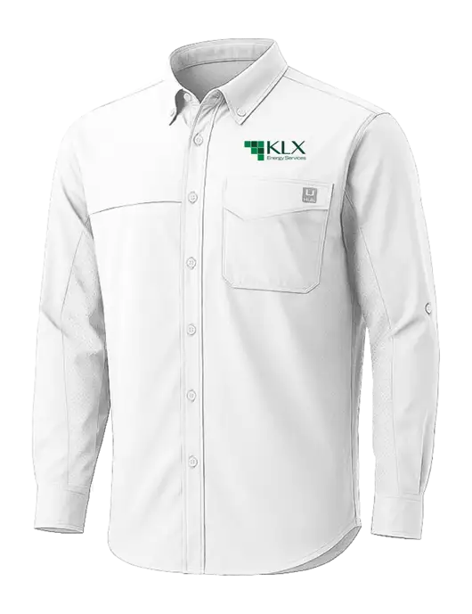 HUK White Tide Point Pocket Long Sleeve Fishing Shirt w/KLX Logo