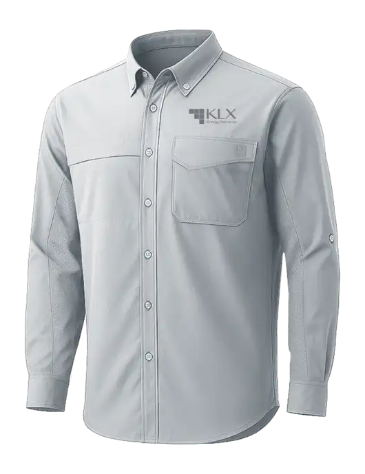 HUK Light Grey Tide Point Pocket Long Sleeve Fishing Shirt w/KLX Logo