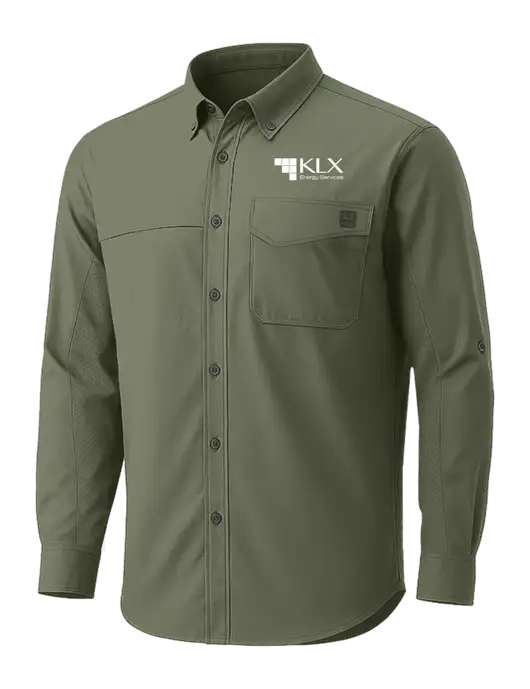 HUK Light Olive Tide Point Pocket Long Sleeve Fishing Shirt w/KLX Logo