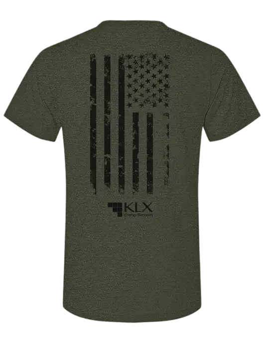 BELLA+CANVAS Heather Dark Military Green CVC Short Sleeve Tee w/KLX American Flag Logo, KLX Logo